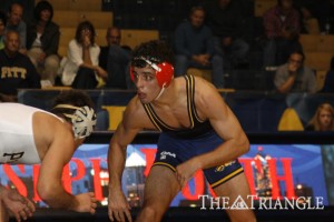 Senior Joe Booth approaches his opponent in a match in the 165 pound weight class. The Drexel wrestling teamrecently completely a strong stretch that included an exciting win at New York’s storied Madison Square Garden.