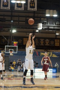 Senior guard Hollie Mershon attempts a free throw in a City Six matchup against Saint Joseph’s University at the DAC Nov. 14. The Hawks would go on to win 45-47.