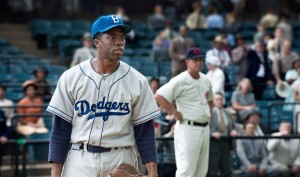 Opening April 12, "42" tells the inspiring true story of Jackie Robinson, the first black baseball player in the major leagues. The cast includes Chadwick Boseman as Robinson and Harrison Ford as Dodger's owner Branch Rickey. 
