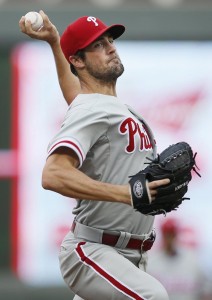 Philadelphia Phillies pitcher Cole Hamels throws a pitch in the first inning against the Minnesota Twins at Target Field in Minneapolis June 11.