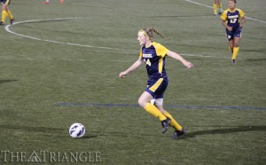 Junior Melissa Chapman pushes the ball up the field during Drexel’s 3-0 loss to Liberty University. Chapman has recorded one assist this season, which happened to be the first of her career. Last season, the defender scored four goals and was named to the All-Colonial Athletic Association First Team.