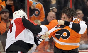 Philadelphia Flyers' Luke Schenn fights Ottawa Senators' Colin Greening during the second period in Philadelphia on Nov. 19.