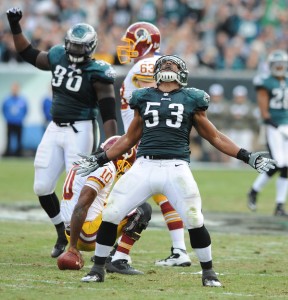 Najee Goode of the Philadelphia Eagles celebrates sacking Robert Griffin III of the Washington Redskins in the first quarter on Nov. 17 at Lincoln Financial Field in Philadelphia.
