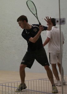 Sophomore Joey Gingold winds up for a shot at the Kline & Specter Squash Center. Gingold is 2-0 so far this season, defeating opponents from Navy and Georgetown.