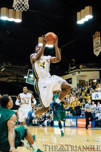 Senior point guard Frantz Massenat glides in for a layup during Drexel’s 85-82 triple-overtime victory over Cleveland State University Dec. 4 at the DAC.