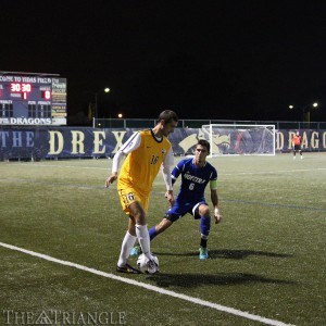 Senior midfielder Ken Tribbett looks to make a play during Drexel’s 1-1 draw against Hofstra University Oct. 30 at Vidas Field. Before the match, eight graduating student-athletes were recognized on Senior Night for the Dragons. Tribbett finished the season with four goals and two assists.