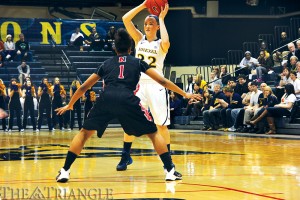 Sophomore Meghan Creighton faces up against a defender during Drexel’s 55-52 victory over Northeastern University Jan. 26 at the DAC. The point guard scored a season-high 18 points in the Dragons’ loss to Hofstra University Feb. 2.