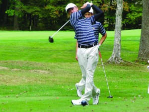 Sophomore golfer Chris Crawford (front) watches his shot's trajectory at the Leo Keenan Invitational in September. Crawford won this past week's Lafayette Invitational, his second tournament win in as many weeks. (Drexel University Golf)