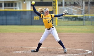 Senior righthanded pitcher Shelby Taylor works into her wind up during Drexel's 5-3 home victory versus Monmouth April 9. Taylor is 10-6 on the season on the mound and is hitting .298 with 23 RBI, tied for most on the team. (Greg Carroccio)