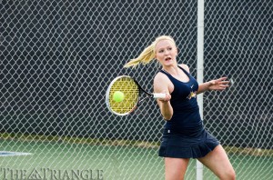 Freshman Lea Winkler returns a shot April 6 against NJIT. Winkler went on to lose her singles match, 2-6, 3-6. The women's team won its Senior Day matchup at Vidas Courts, 4-3, while the men's team fell, 2-5. (Andrew Pellegrino)