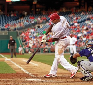 Ryan Howard hits a 7th inning single May 27. The following day, Howard hammered a walk-off three run homerun against the Rockies. (Photo Courtesy - Ron Cortes, MCT Campus)