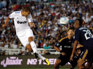 Karim Benzema attempts to head in a shot against the Los Angeles Galaxy. Benzema played a big role in Real Madrid’s victory over Atletico Madrid.