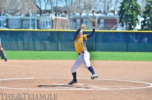 Senior pitcher Shelby Taylor winds up for a pitch during a game against Towson University April 18. The Dragons won this game, which would prove to be their final win of the season as they ended the year with a nine-game losing streak. (Ken Chaney - The Triangle)