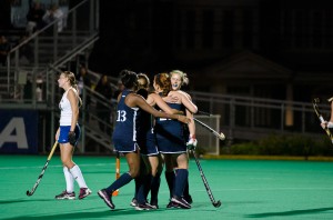 The Drexel University field hockey team celebrates a goal during their Oct. 10 game against Hofstra University at Buckley Field. They went on to lose that game 1-2, but recovered this week against Richmond University with an overtime victory.  (Ken Chaney - The Triangle)