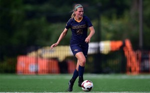 Senior midfielder Alyssa Findlay dribbles down the field during an Oct. 26 loss at Northeastern University. The loss gave the Dragons fifth place in the conference. (Photo Courtesy - DrexelDragons.com)