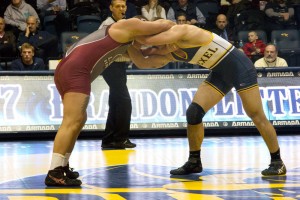 Drexel University wrestling faces off against Lock Haven University Jan. 16 in the Daskalakis Athletic Center. The Dragons fell just short of a comeback, losing 18-15 in the contest. (Ajon Brodie - The Triangle)