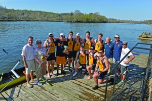 The men’s varsity 8 poses with the Dr. Thomas Kerr Cup after winning the Kerr Cup Regatta April 18. (Photo Courtesy - Drexel Dragons)