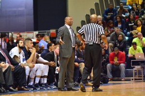 Men's basketball head coach James "Bruiser" Flint pleads with a referee during a game in the 2014-15 regular season. (Ken Chaney - The Triangle)