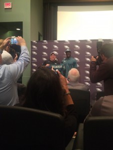 Eagles head coach Chip Kelly poses with the team’s first round draft pick, wide receiver Nelson Agholor, at Agholor’s  introductory press conference May 1.  (Adam Hermann - The Triangle)
