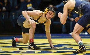 Matthew Cimato competes at the Mountaineer Duals. Cimato was the most successful of the Drexel wrestlers, finishing with three wins, including a victory over Jake S. Smith from West Virginia University.  (Photo courtesy Drexeldragons.com)
