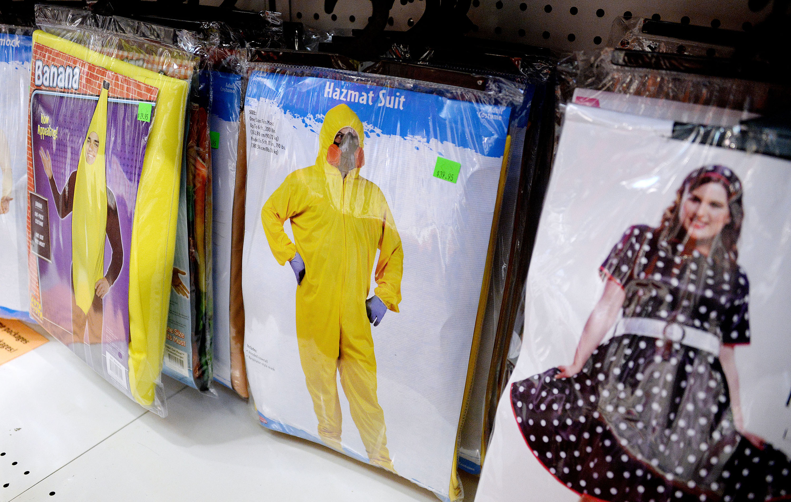 Costume stores are selling out of Hazmat suits as customers have Ebola on their minds this Halloween in Arlington, Va., on Friday, Oct. 17, 2014. (Olivier Douliery/Abaca Press/MCT)